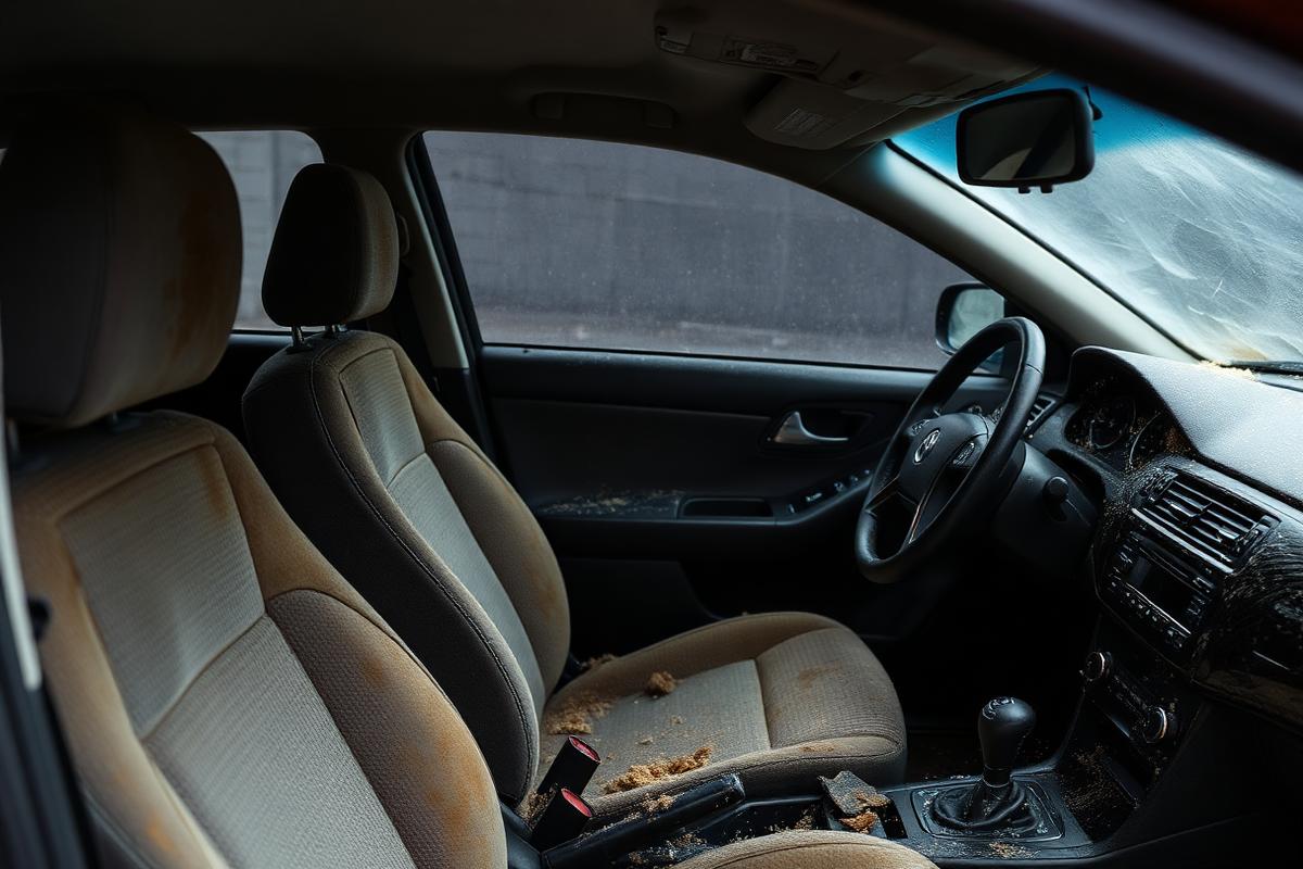 Dirty car interior with stained fabric seats and dusty dashboard before cleaning